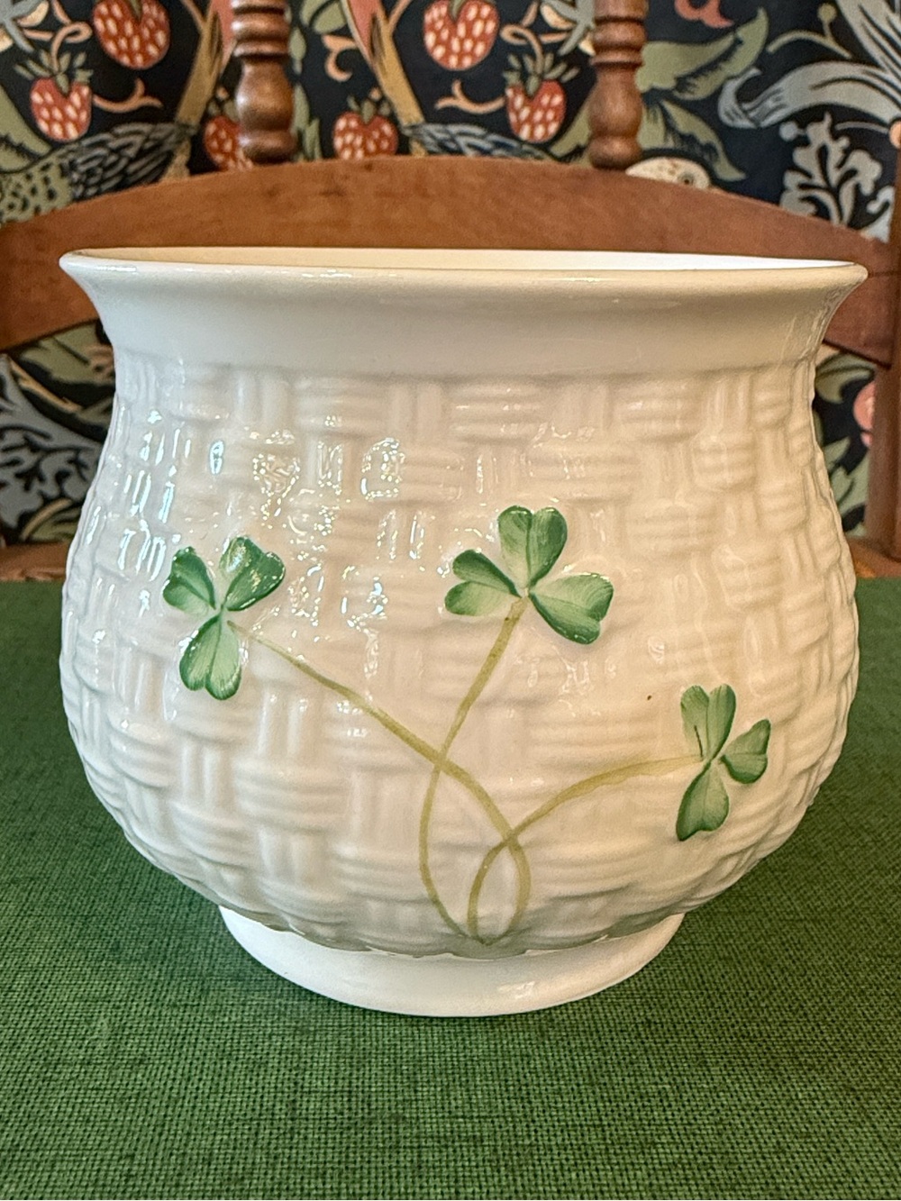 Vintage Belleek Ireland Basket Weave Open Sugar Bowl Planter Shamrock